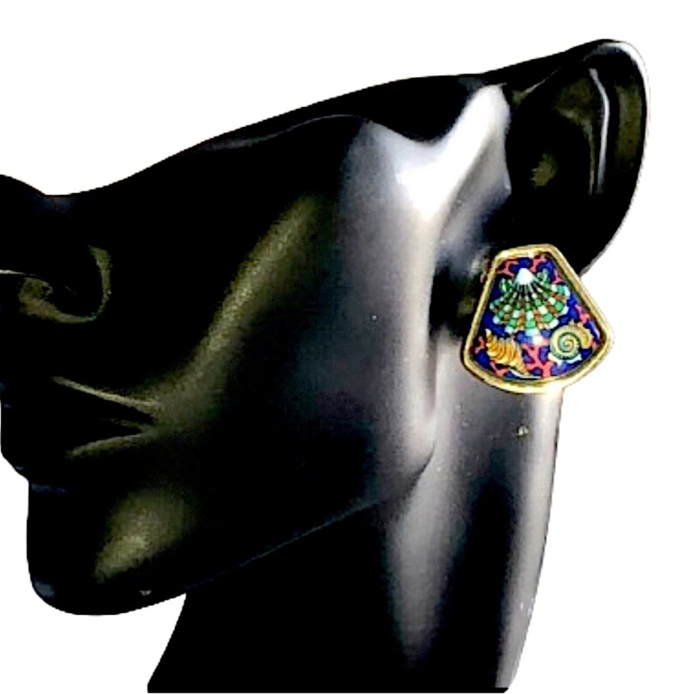 HERMES Sea Side Retreat Clip-On Earrings w/ 24k Yellow Gold Accents - Picture 4 of 7